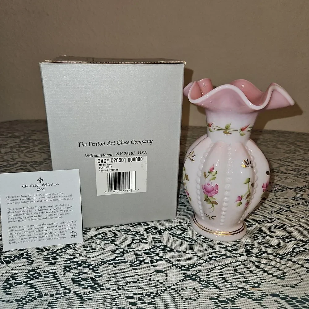 Fenton Rosalene Charleton Collection Hand Painted Beaded Melon Vase